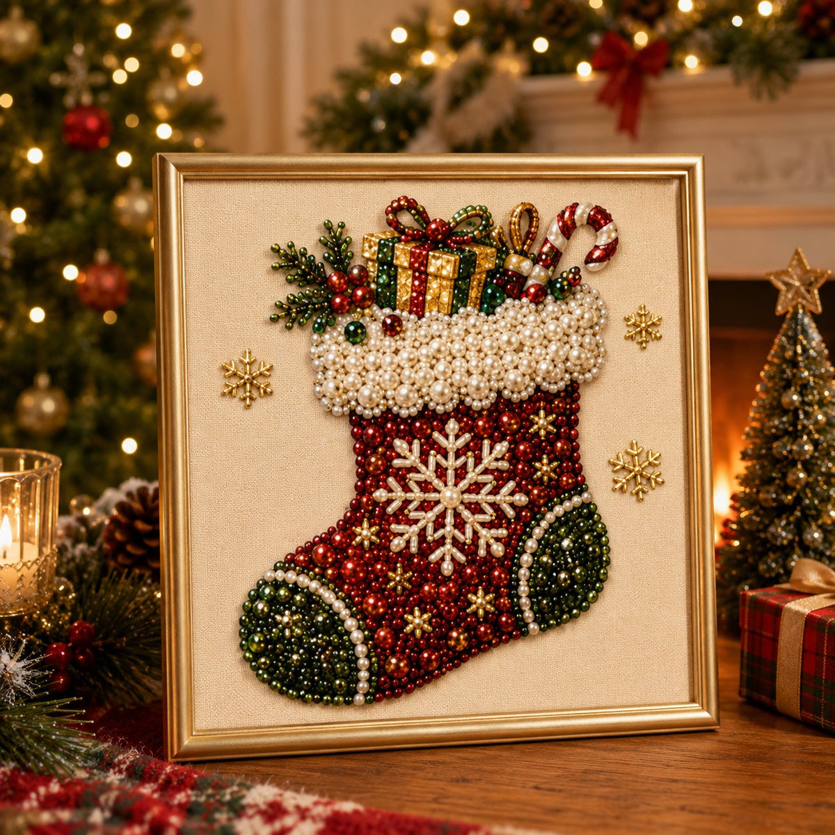 🎄✨DIY Christmas Pearl Drill Painting Kit – 5 festive designs, 3D raised beads & display frame included. A sparkling holiday masterpiece for your wall! 🖼️🎨