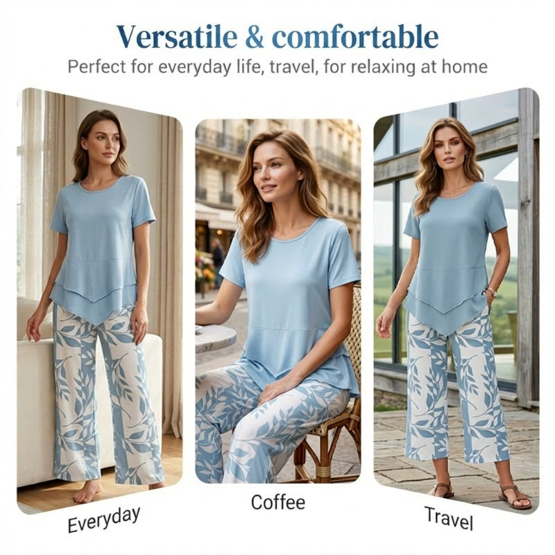 🎁2026 New Arrivals 49% OFF💥Women's 2-Piece Set – Layered Asymmetrical Tunic Top & Printed Wide Leg Pants, Breathable Polyester✨