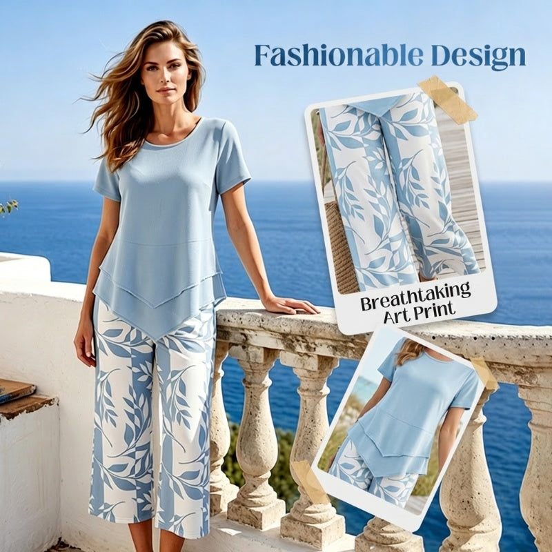🎁2026 New Arrivals 49% OFF💥Women's 2-Piece Set – Layered Asymmetrical Tunic Top & Printed Wide Leg Pants, Breathable Polyester✨
