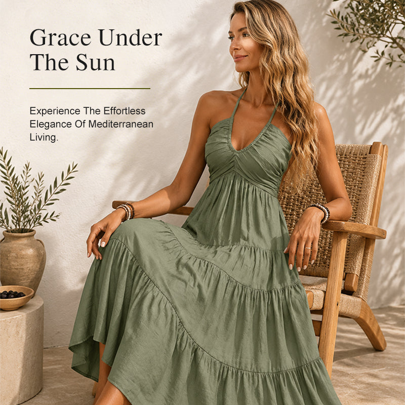 👗 50% OFF NOW! 🌴 Women's Halter Neck Backless Maxi Dress – Tiered, Flowy, Resort Style 🌺