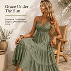 👗 50% OFF NOW! 🌴 Women's Halter Neck Backless Maxi Dress – Tiered, Flowy, Resort Style 🌺