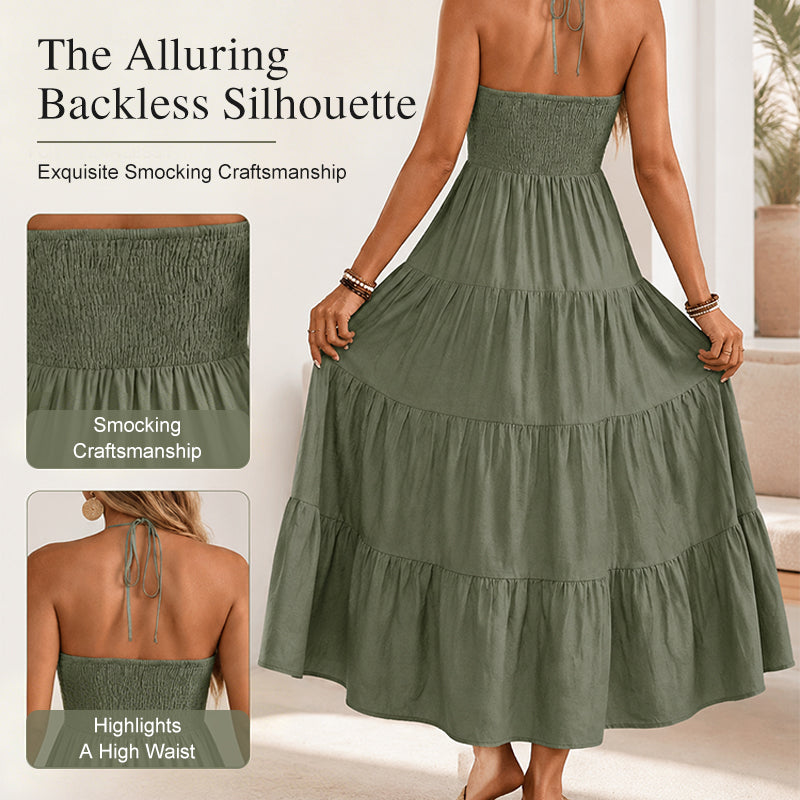 👗 50% OFF NOW! 🌴 Women's Halter Neck Backless Maxi Dress – Tiered, Flowy, Resort Style 🌺