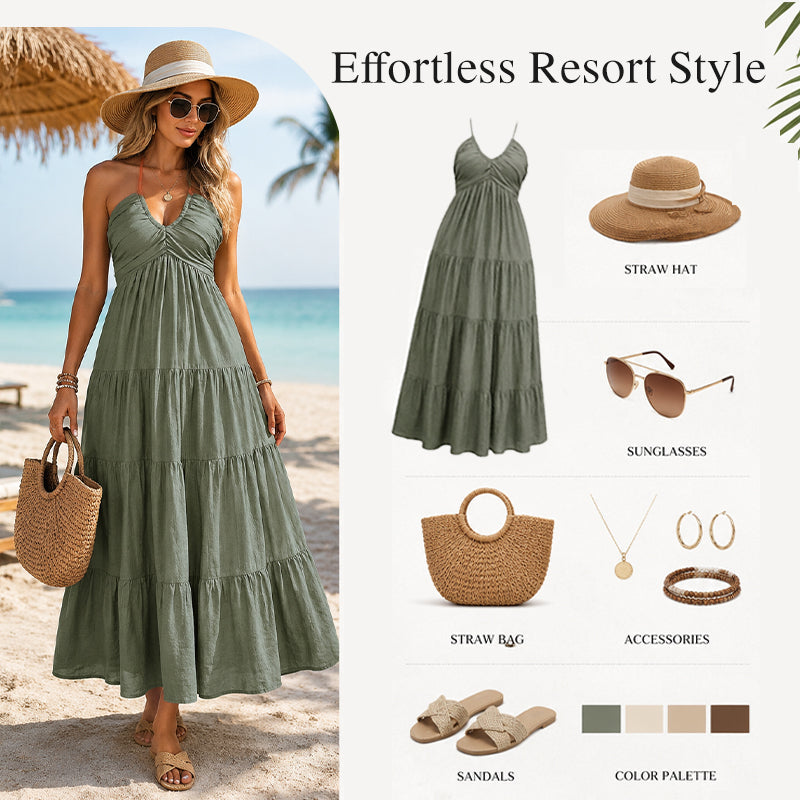 👗 50% OFF NOW! 🌴 Women's Halter Neck Backless Maxi Dress – Tiered, Flowy, Resort Style 🌺
