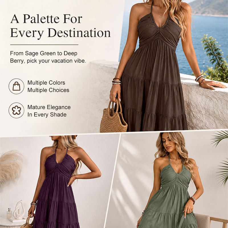 👗 50% OFF NOW! 🌴 Women's Halter Neck Backless Maxi Dress – Tiered, Flowy, Resort Style 🌺