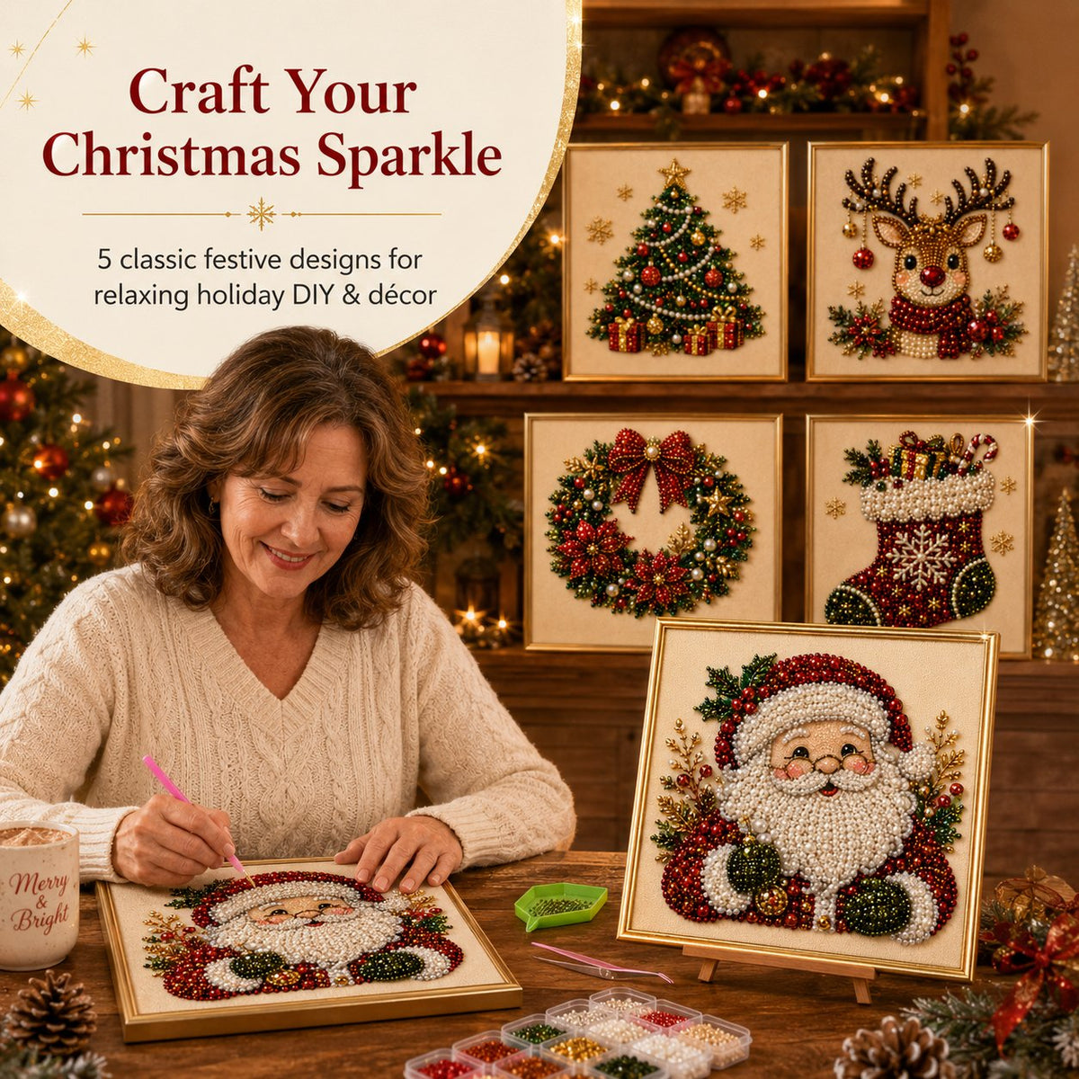 🎄✨DIY Christmas Pearl Drill Painting Kit – 5 festive designs, 3D raised beads & display frame included. A sparkling holiday masterpiece for your wall! 🖼️🎨