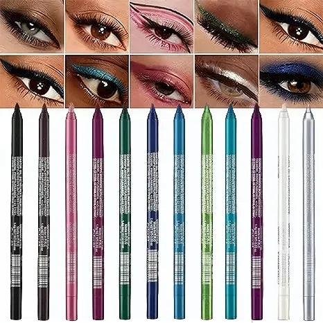 12-Pack Colored Gel Eyeliner Pencil Metallic & Shimmer Finishes Smudge-Proof