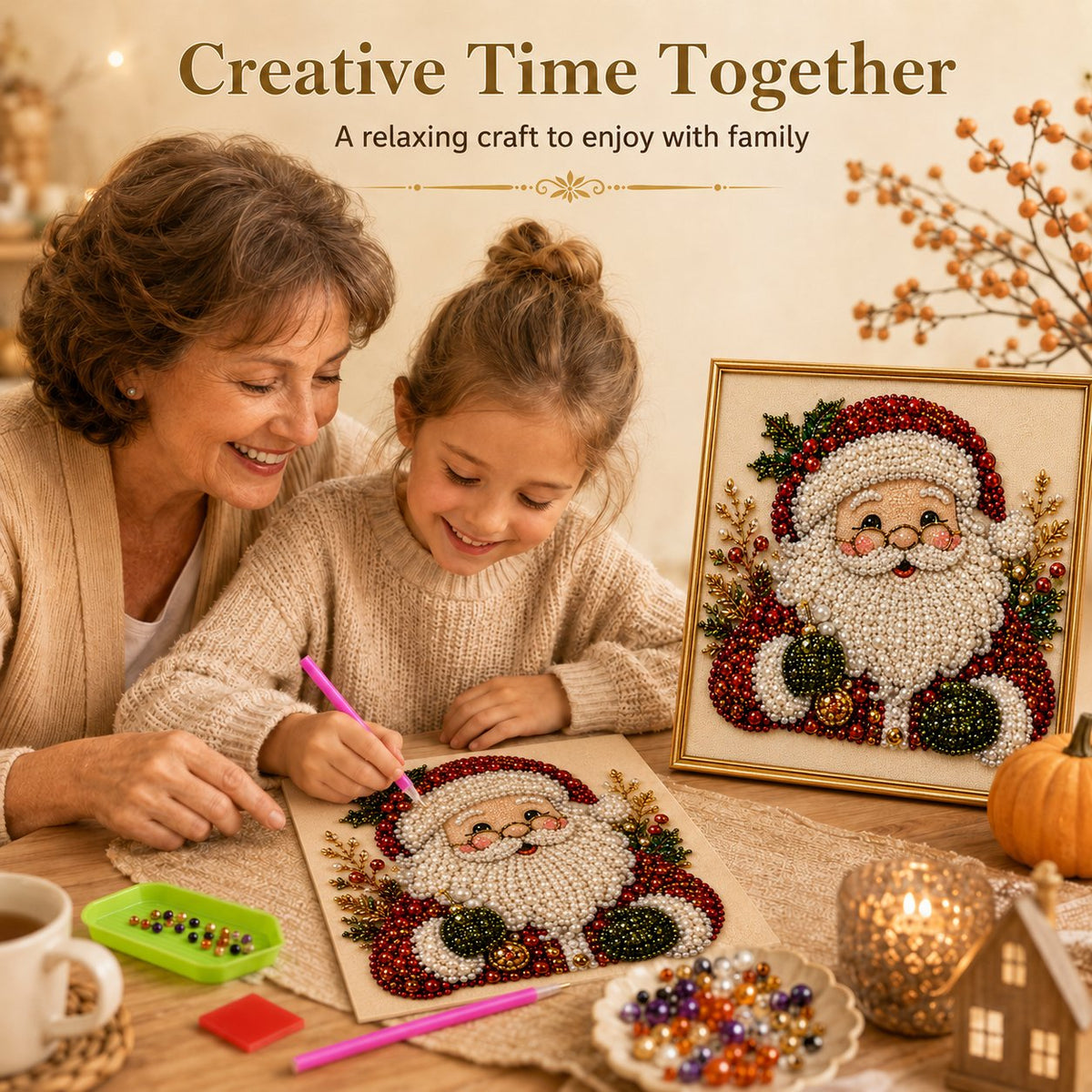 🎄✨DIY Christmas Pearl Drill Painting Kit – 5 festive designs, 3D raised beads & display frame included. A sparkling holiday masterpiece for your wall! 🖼️🎨