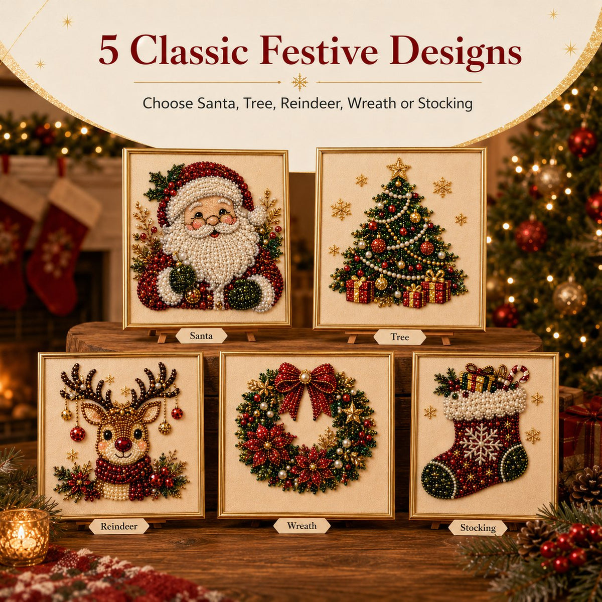 🎄✨DIY Christmas Pearl Drill Painting Kit – 5 festive designs, 3D raised beads & display frame included. A sparkling holiday masterpiece for your wall! 🖼️🎨