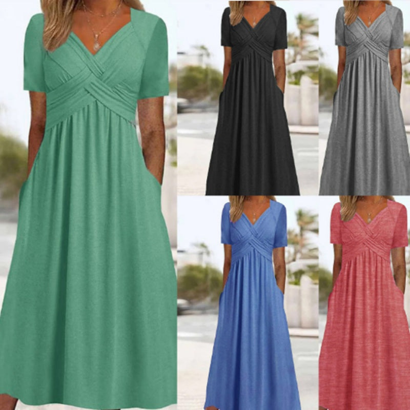 👗💙 50% OFF TODAY! ✨ Women’s V-Neck Short Sleeve Long Dress 🌸 Elegant Flowing Fit, Comfortable Fabric & Effortless Everyday Style