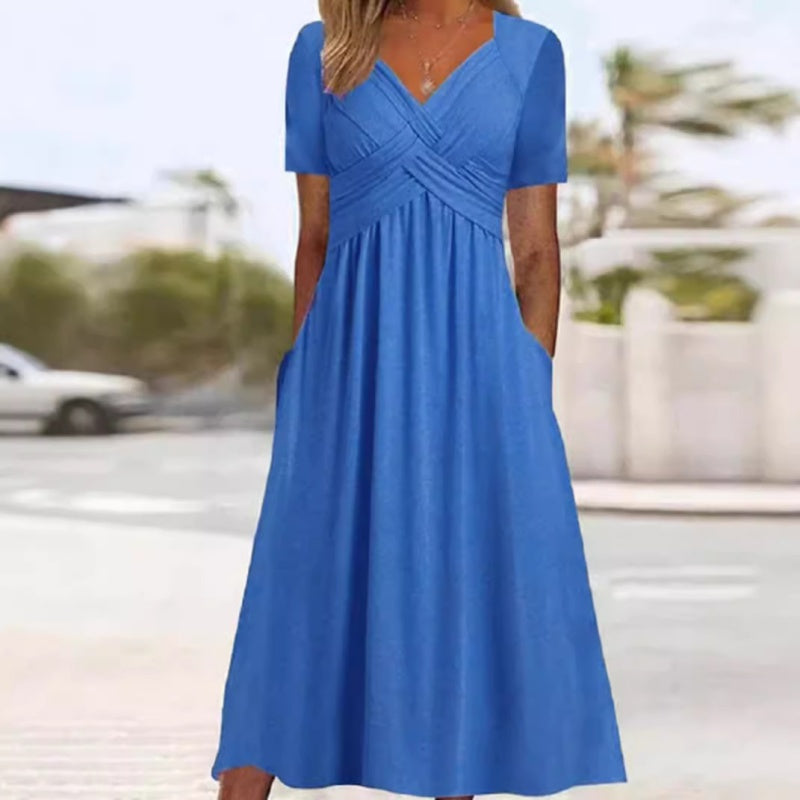 👗💙 50% OFF TODAY! ✨ Women’s V-Neck Short Sleeve Long Dress 🌸 Elegant Flowing Fit, Comfortable Fabric & Effortless Everyday Style
