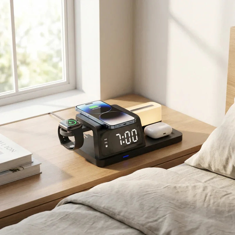5-in-1 Wireless Charging Station with Clock & Night Light