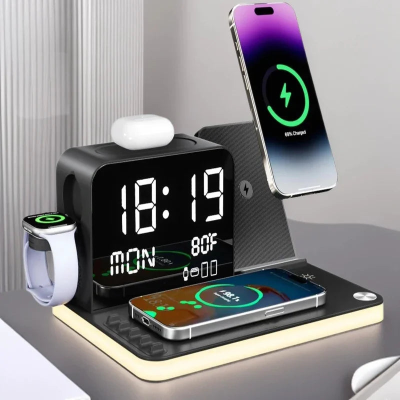 5-in-1 Wireless Charging Station with Clock & Night Light