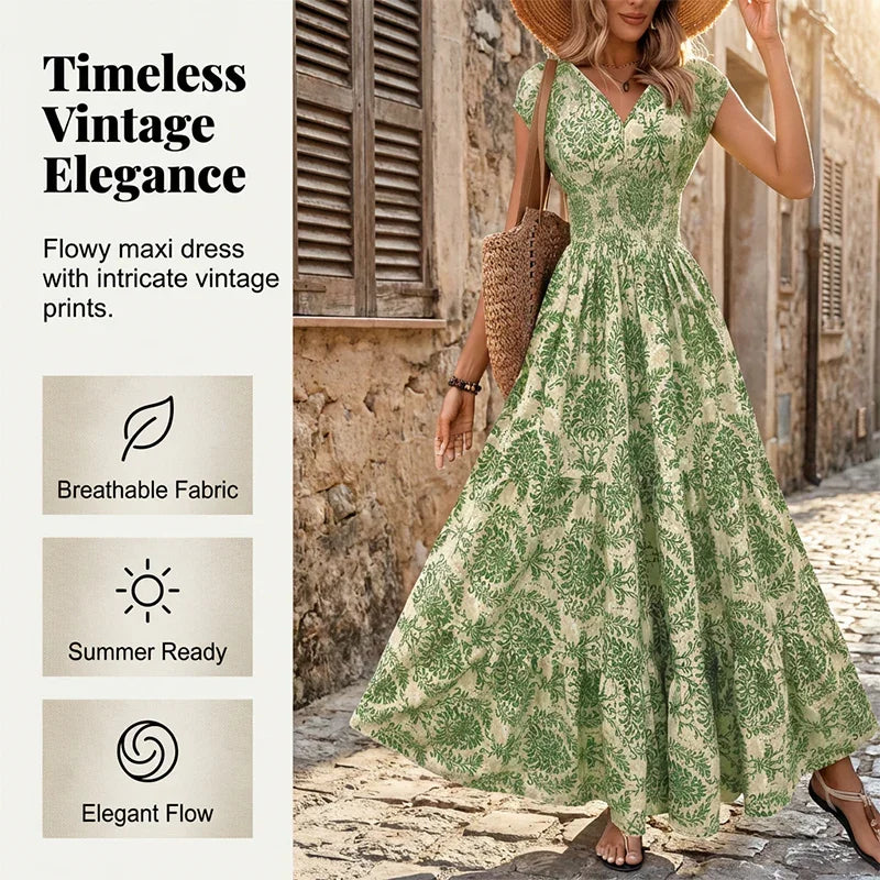🌸 LIMITED-TIME 50% OFF! 👗 Women's V-Neck Floral Smocked Maxi Dress – Elegant, Bohemian, Lightweight 🦋