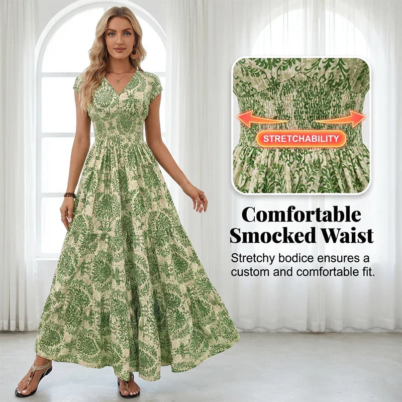 🌸 LIMITED-TIME 50% OFF! 👗 Women's V-Neck Floral Smocked Maxi Dress – Elegant, Bohemian, Lightweight 🦋