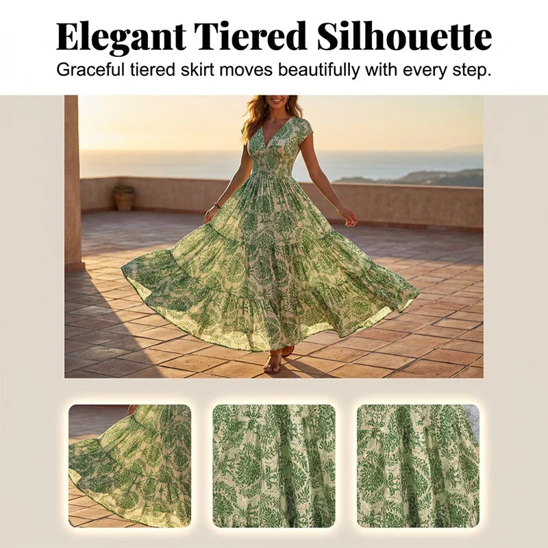 🌸 LIMITED-TIME 50% OFF! 👗 Women's V-Neck Floral Smocked Maxi Dress – Elegant, Bohemian, Lightweight 🦋