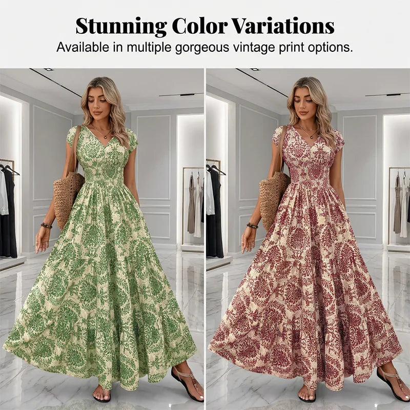 🌸 LIMITED-TIME 50% OFF! 👗 Women's V-Neck Floral Smocked Maxi Dress – Elegant, Bohemian, Lightweight 🦋
