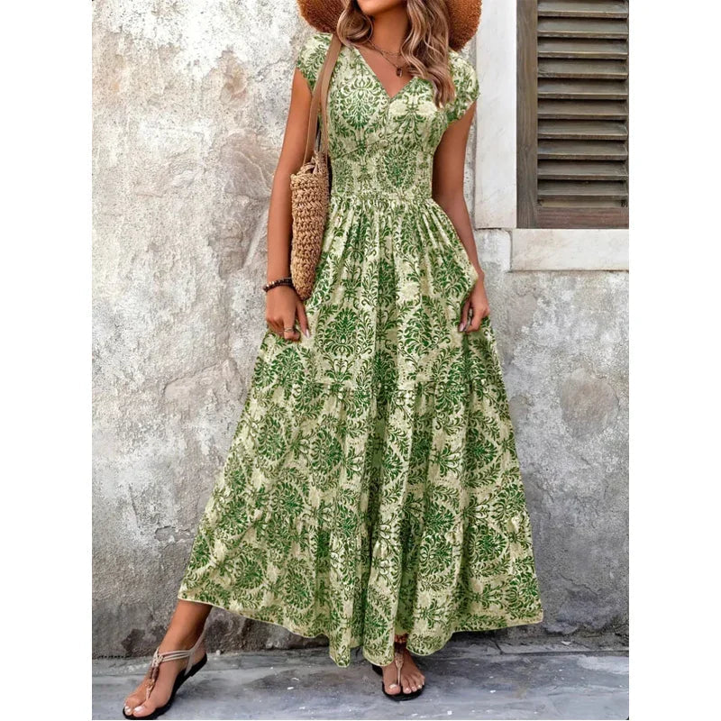 🌸 LIMITED-TIME 50% OFF! 👗 Women's V-Neck Floral Smocked Maxi Dress – Elegant, Bohemian, Lightweight 🦋