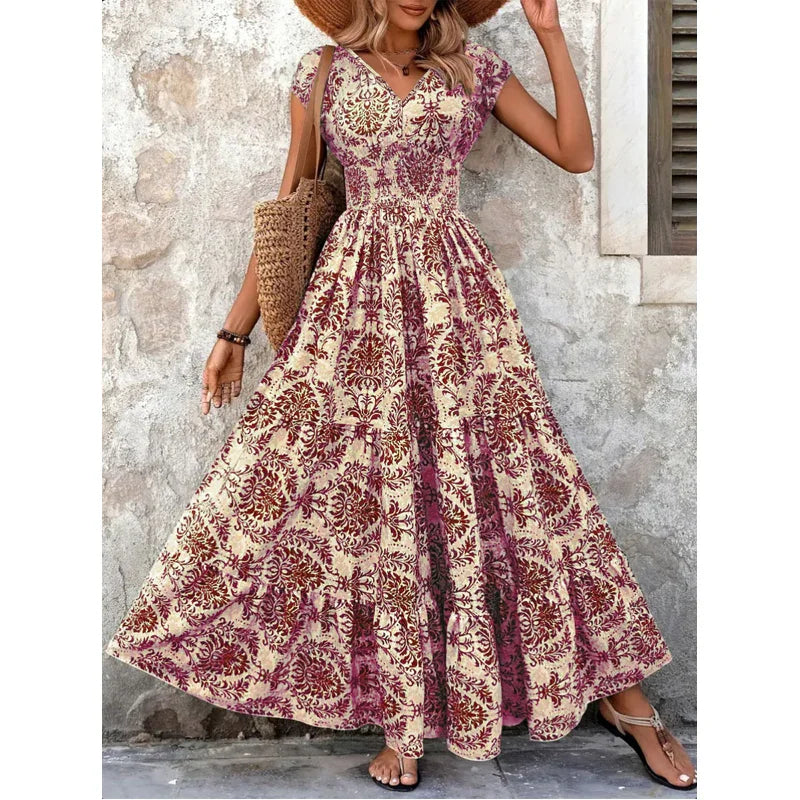 🌸 LIMITED-TIME 50% OFF! 👗 Women's V-Neck Floral Smocked Maxi Dress – Elegant, Bohemian, Lightweight 🦋