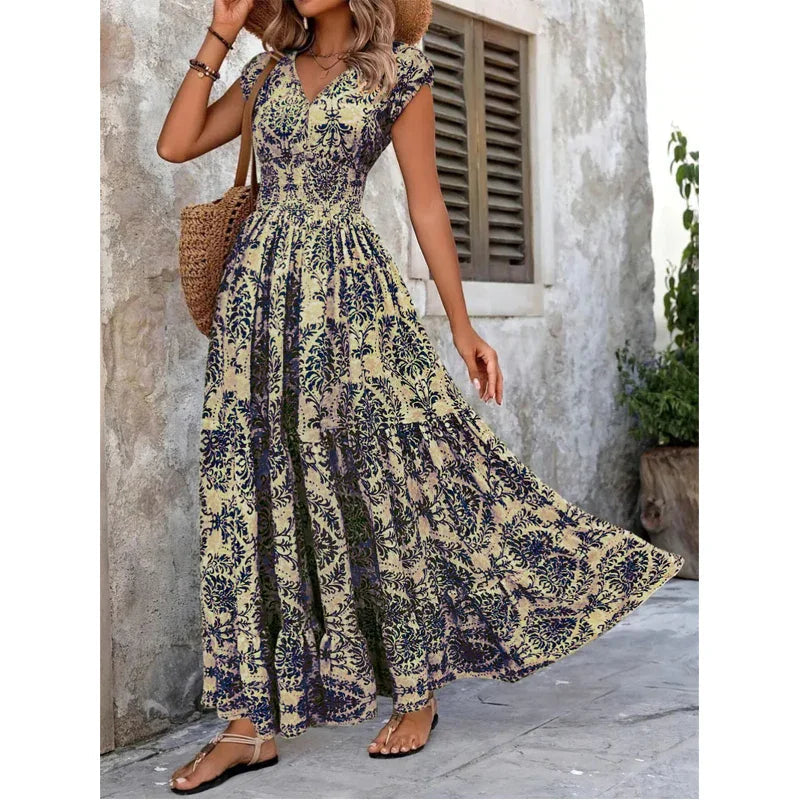 🌸 LIMITED-TIME 50% OFF! 👗 Women's V-Neck Floral Smocked Maxi Dress – Elegant, Bohemian, Lightweight 🦋
