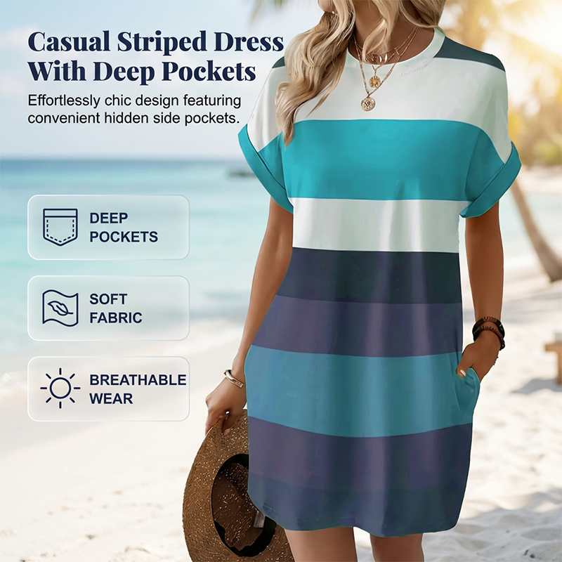 👗 LIMITED-TIME 50% OFF! ✨ Striped Midi Dress – Pockets, Loose Fit, Vacation, Casual ✨
