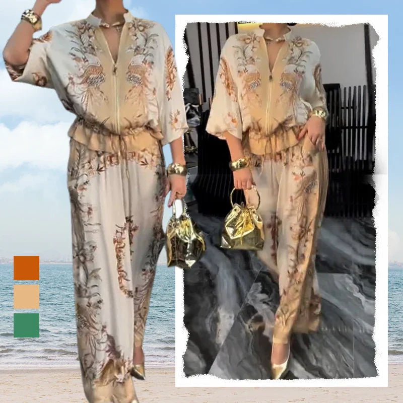 🥳2026 HOT SALE🥳💞50K+ SOLD!Printed Zipper Top & Wide-Leg Pants 2-Piece Set
