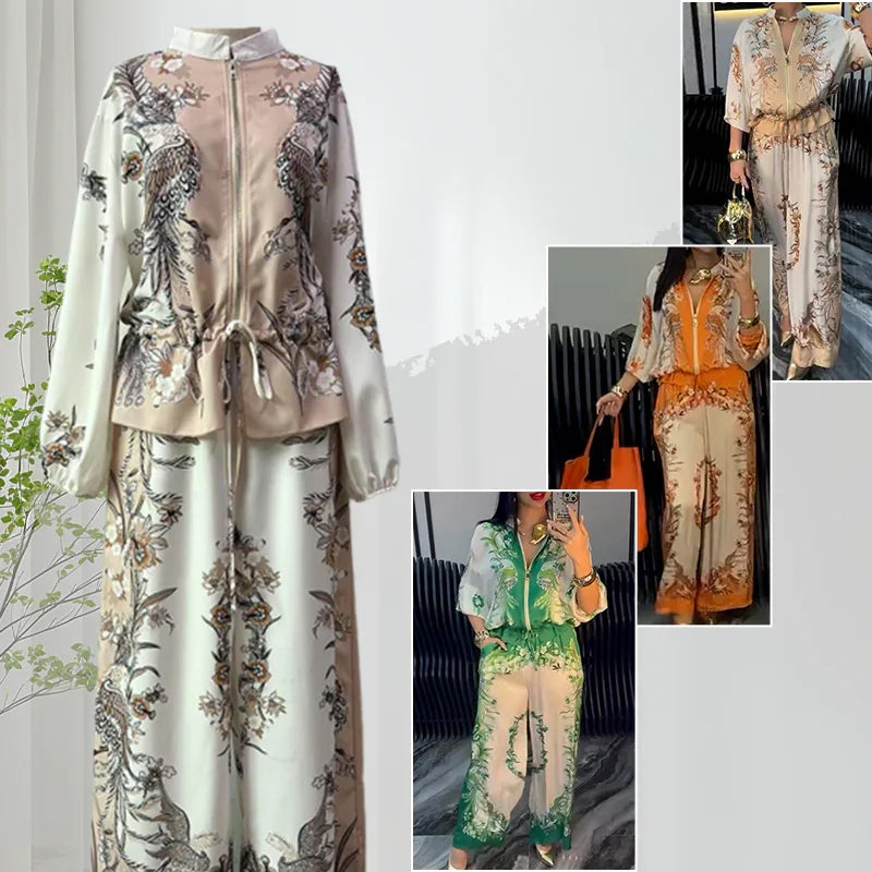 🥳2026 HOT SALE🥳💞50K+ SOLD!Printed Zipper Top & Wide-Leg Pants 2-Piece Set