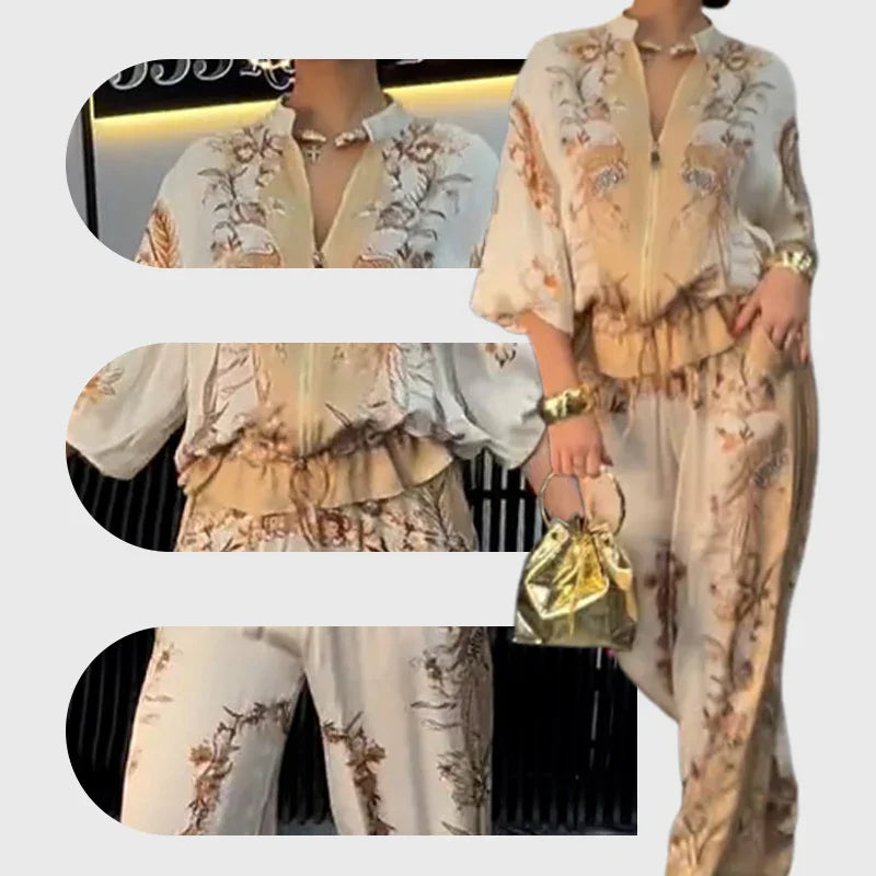 🥳2026 HOT SALE🥳💞50K+ SOLD!Printed Zipper Top & Wide-Leg Pants 2-Piece Set