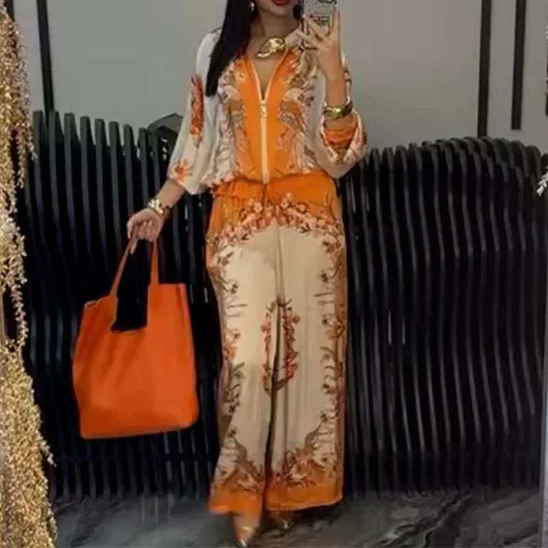 🥳2026 HOT SALE🥳💞50K+ SOLD!Printed Zipper Top & Wide-Leg Pants 2-Piece Set