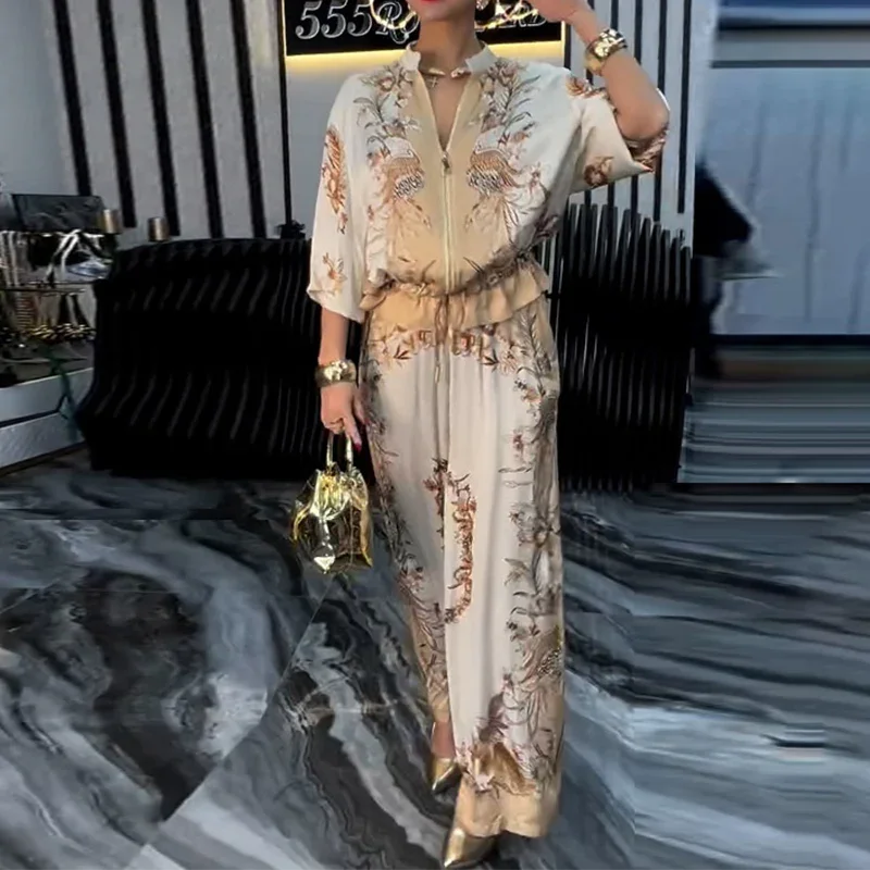 🥳2026 HOT SALE🥳💞50K+ SOLD!Printed Zipper Top & Wide-Leg Pants 2-Piece Set