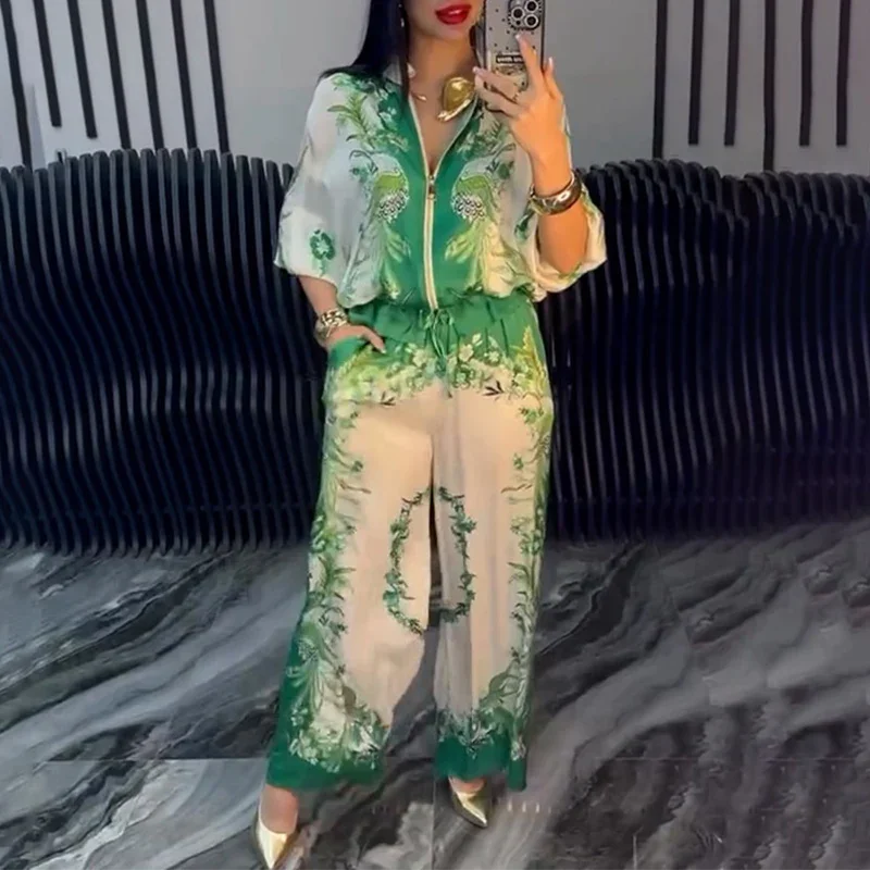 🥳2026 HOT SALE🥳💞50K+ SOLD!Printed Zipper Top & Wide-Leg Pants 2-Piece Set