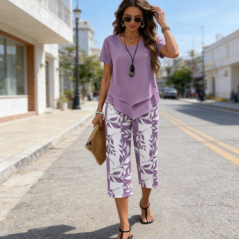 🎁2026 New Arrivals 49% OFF💥Women's 2-Piece Set – Layered Asymmetrical Tunic Top & Printed Wide Leg Pants, Breathable Polyester✨