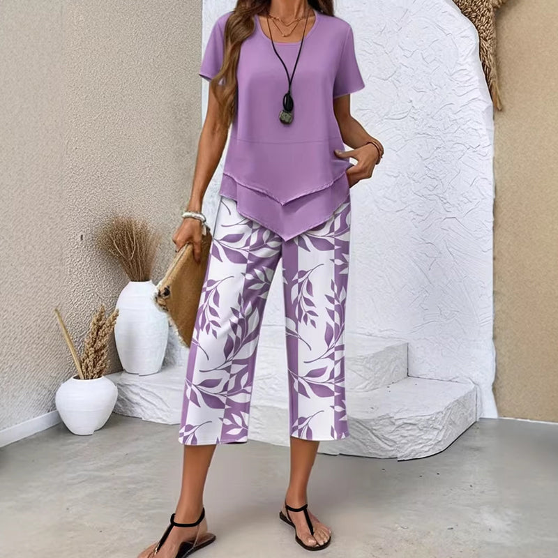 🎁2026 New Arrivals 49% OFF💥Women's 2-Piece Set – Layered Asymmetrical Tunic Top & Printed Wide Leg Pants, Breathable Polyester✨