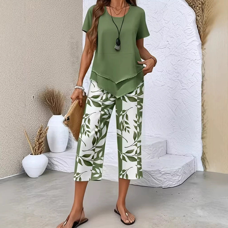 🎁2026 New Arrivals 49% OFF💥Women's 2-Piece Set – Layered Asymmetrical Tunic Top & Printed Wide Leg Pants, Breathable Polyester✨