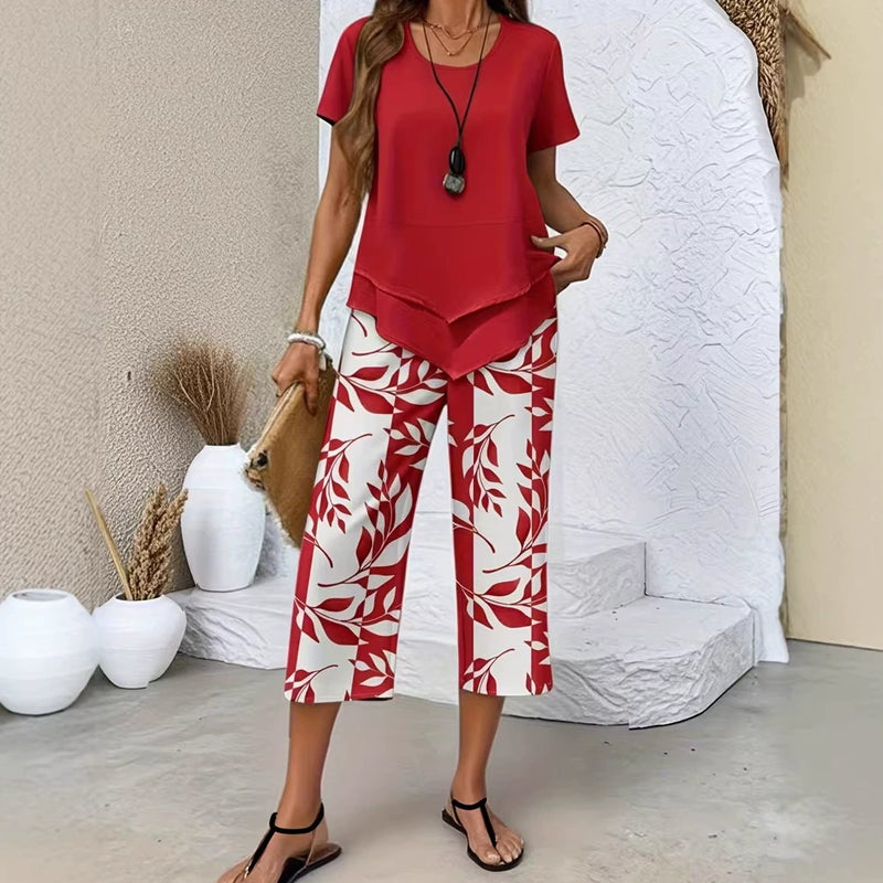 🎁2026 New Arrivals 49% OFF💥Women's 2-Piece Set – Layered Asymmetrical Tunic Top & Printed Wide Leg Pants, Breathable Polyester✨