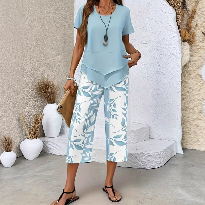 🎁2026 New Arrivals 49% OFF💥Women's 2-Piece Set – Layered Asymmetrical Tunic Top & Printed Wide Leg Pants, Breathable Polyester✨