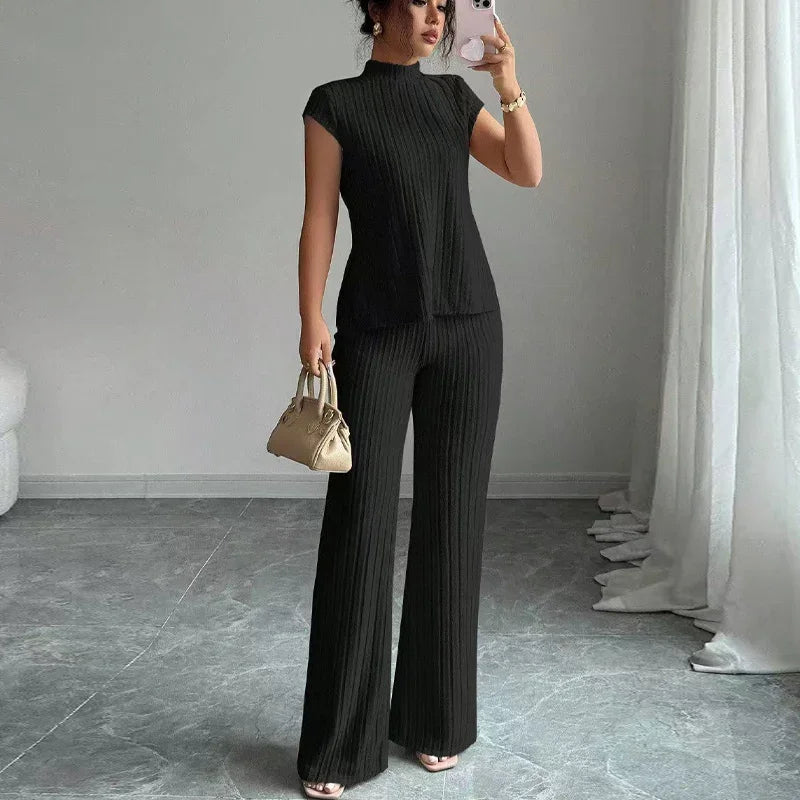 👗 50% OFF NOW! 🌸 Elegant Mock Neck Top & Wide-Leg Pants 2-Piece Set – Ribbed Texture, Flowing Silhouette & Versatile Style ✨