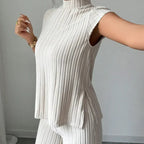 👗 50% OFF NOW! 🌸 Elegant Mock Neck Top & Wide-Leg Pants 2-Piece Set – Ribbed Texture, Flowing Silhouette & Versatile Style ✨