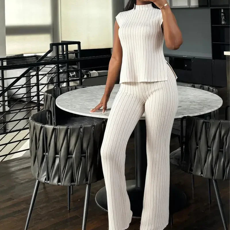 👗 50% OFF NOW! 🌸 Elegant Mock Neck Top & Wide-Leg Pants 2-Piece Set – Ribbed Texture, Flowing Silhouette & Versatile Style ✨