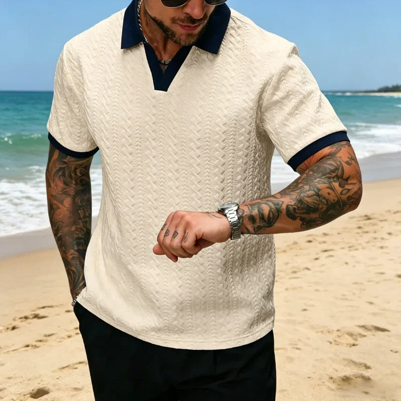 👕 50% OFF NOW! ✨ Men's Casual Textured Top – Contrast Collar & Knit Fabric – Versatile & Easy Care 🎩