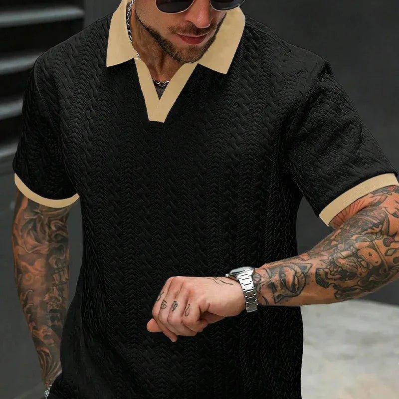 👕 50% OFF NOW! ✨ Men's Casual Textured Top – Contrast Collar & Knit Fabric – Versatile & Easy Care 🎩