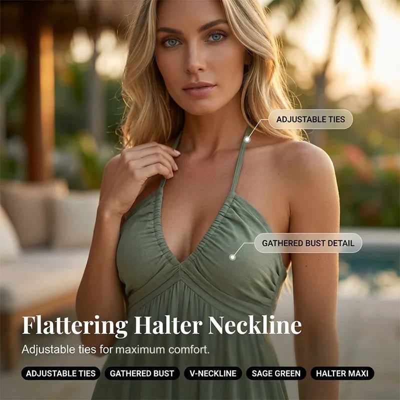 👗 50% OFF NOW! 🌴 Women's Halter Neck Backless Maxi Dress – Tiered, Flowy, Resort Style 🌺