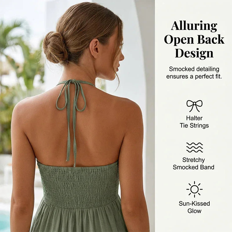 👗 50% OFF NOW! 🌴 Women's Halter Neck Backless Maxi Dress – Tiered, Flowy, Resort Style 🌺