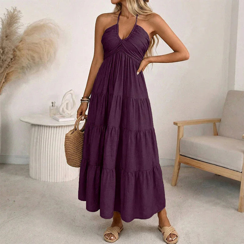 👗 50% OFF NOW! 🌴 Women's Halter Neck Backless Maxi Dress – Tiered, Flowy, Resort Style 🌺