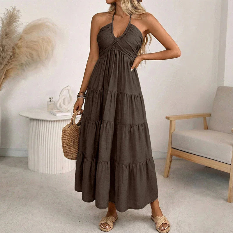 👗 50% OFF NOW! 🌴 Women's Halter Neck Backless Maxi Dress – Tiered, Flowy, Resort Style 🌺