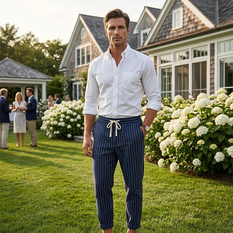 👖 50% OFF NOW! 🌿 Men's Linen Pants – Striped & Cropped – Elastic Waist & Drawstring – Breathable Summer Trousers 🏖️