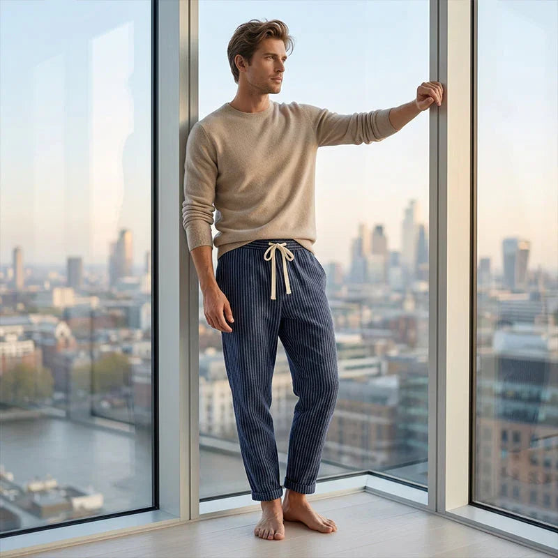 👖 50% OFF NOW! 🌿 Men's Linen Pants – Striped & Cropped – Elastic Waist & Drawstring – Breathable Summer Trousers 🏖️
