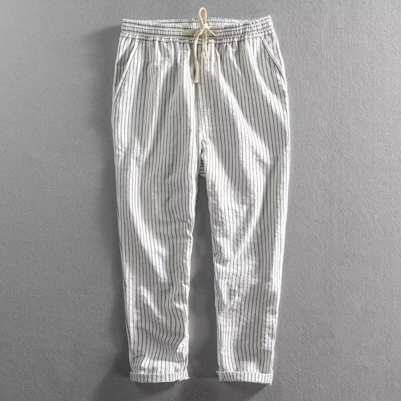 👖 50% OFF NOW! 🌿 Men's Linen Pants – Striped & Cropped – Elastic Waist & Drawstring – Breathable Summer Trousers 🏖️