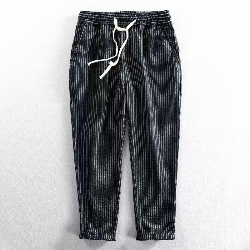 👖 50% OFF NOW! 🌿 Men's Linen Pants – Striped & Cropped – Elastic Waist & Drawstring – Breathable Summer Trousers 🏖️