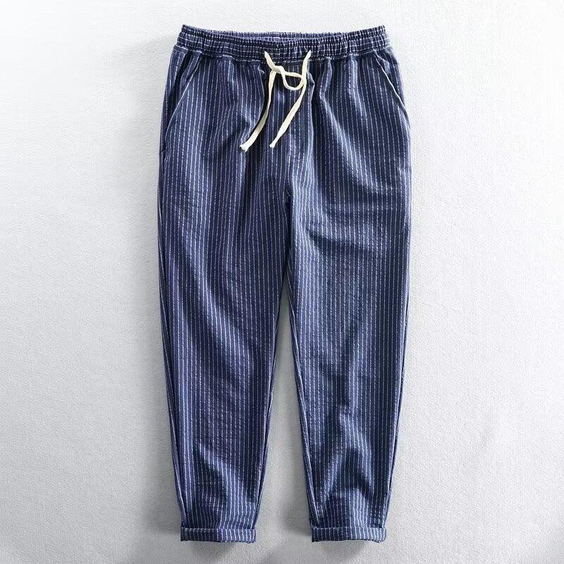 👖 50% OFF NOW! 🌿 Men's Linen Pants – Striped & Cropped – Elastic Waist & Drawstring – Breathable Summer Trousers 🏖️