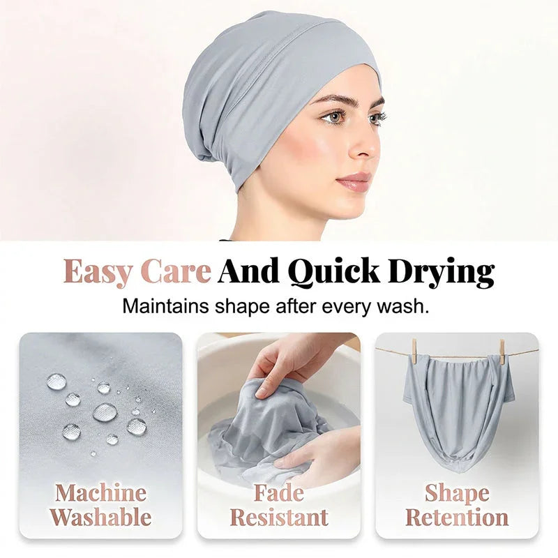 👒 Buy 1 Get 1 FREE!🌸 Soft Stretch Turban Cap – Milk Silk Fabric & Anti-Slip Fit – Hair Volume Concealer – Multi-Use Under Scarf 🧣